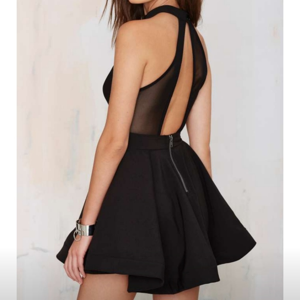 Black high neck deep V party dress